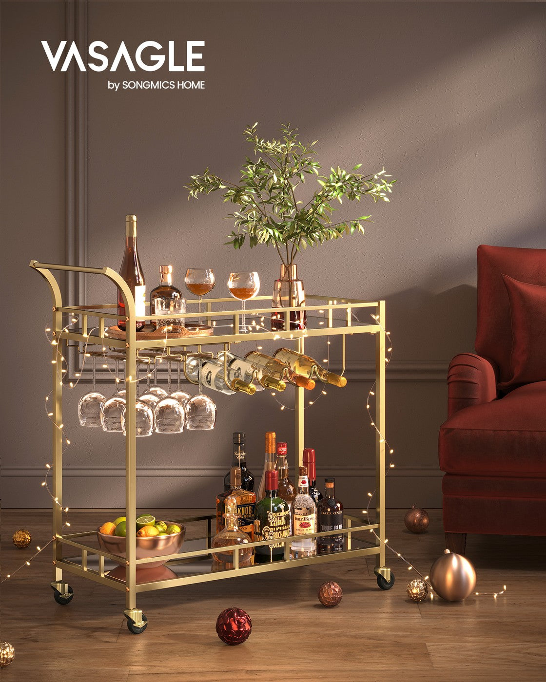 Bar Cart – Metal and Mirrored Glass – Gold – With Wine and Glass Holders