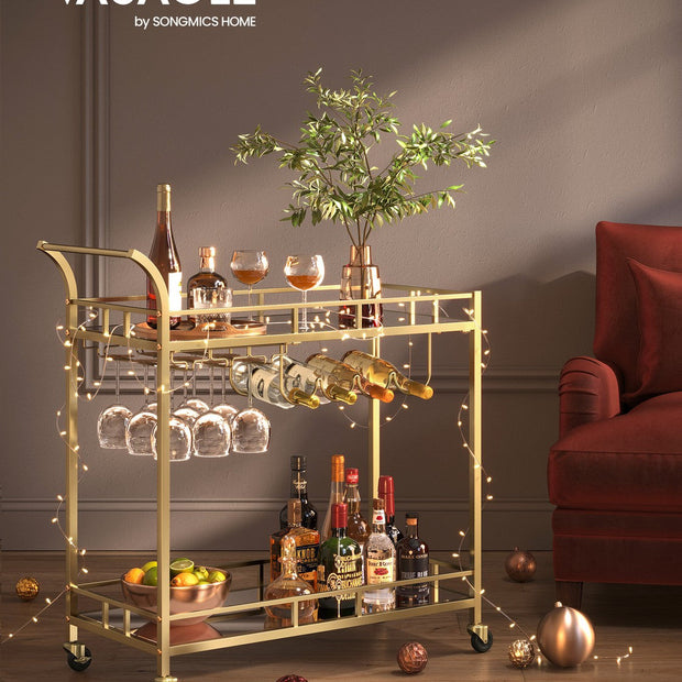 Bar Cart – Metal and Mirrored Glass – Gold – With Wine and Glass Holders