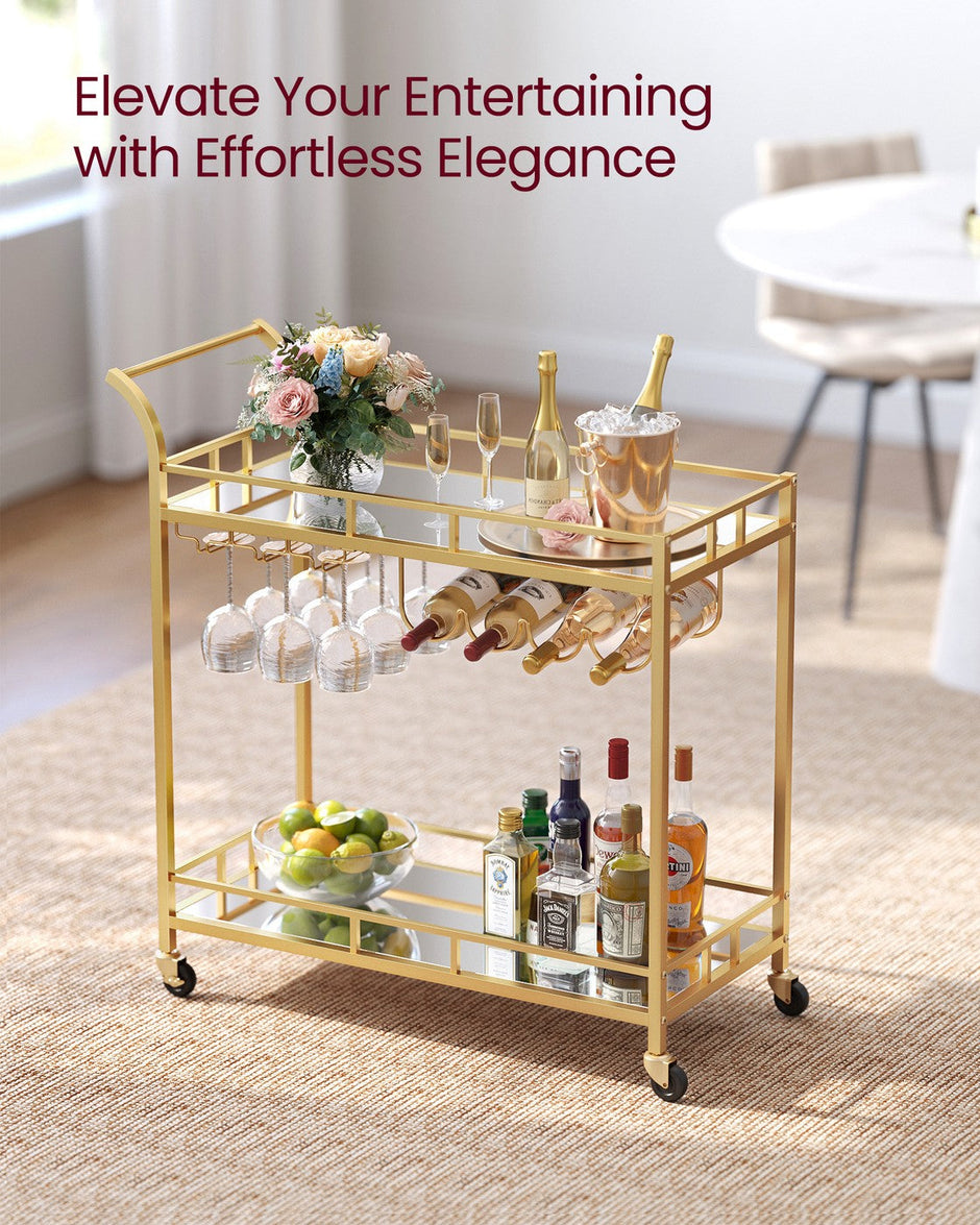 Bar Cart – Metal and Mirrored Glass – Gold – With Wine and Glass Holders