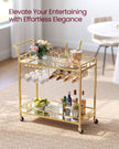 Bar Cart – Metal and Mirrored Glass – Gold – With Wine and Glass Holders