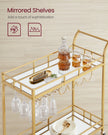 Bar Cart – Metal and Mirrored Glass – Gold – With Wine and Glass Holders