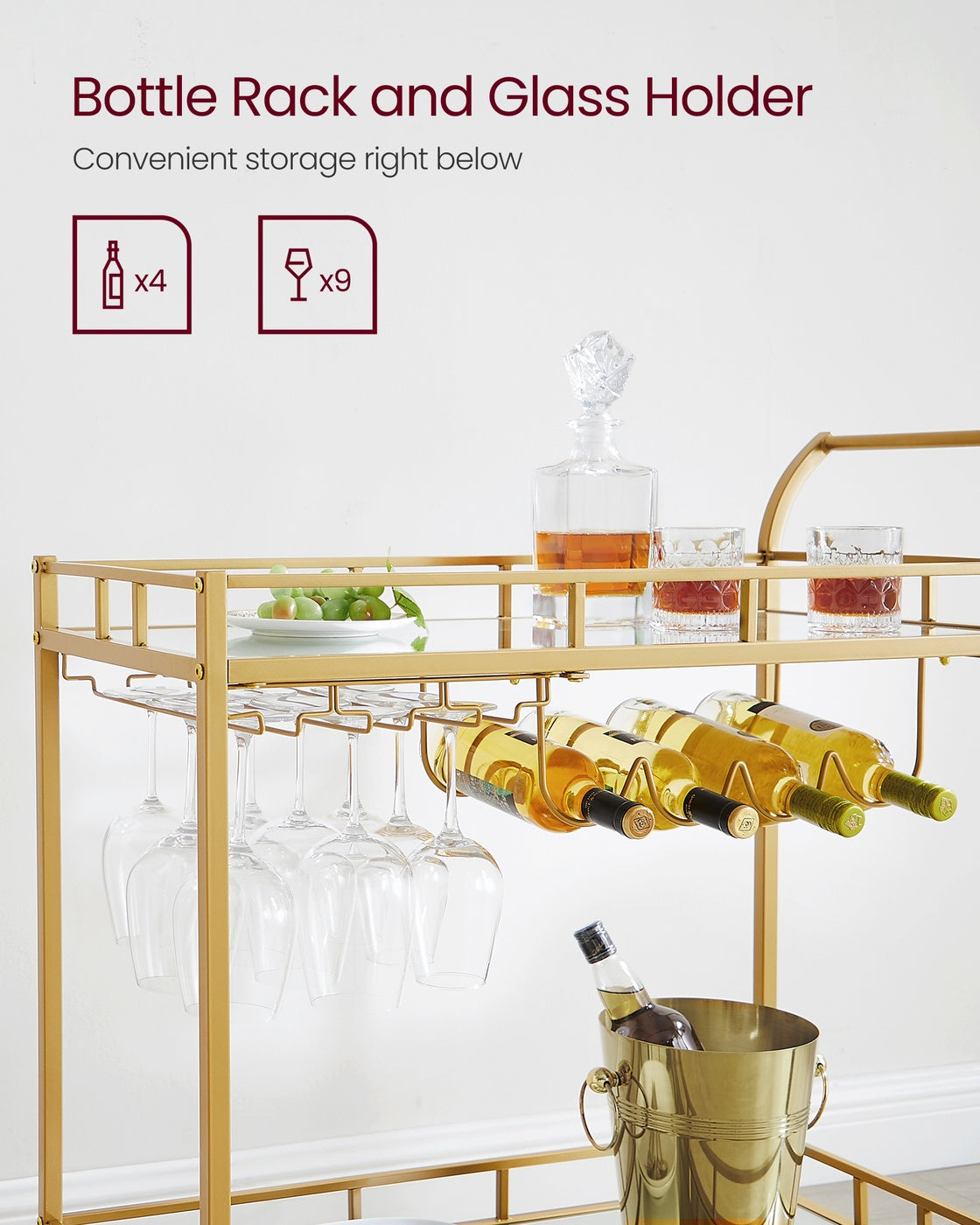Bar Cart – Metal and Mirrored Glass – Gold – With Wine and Glass Holders