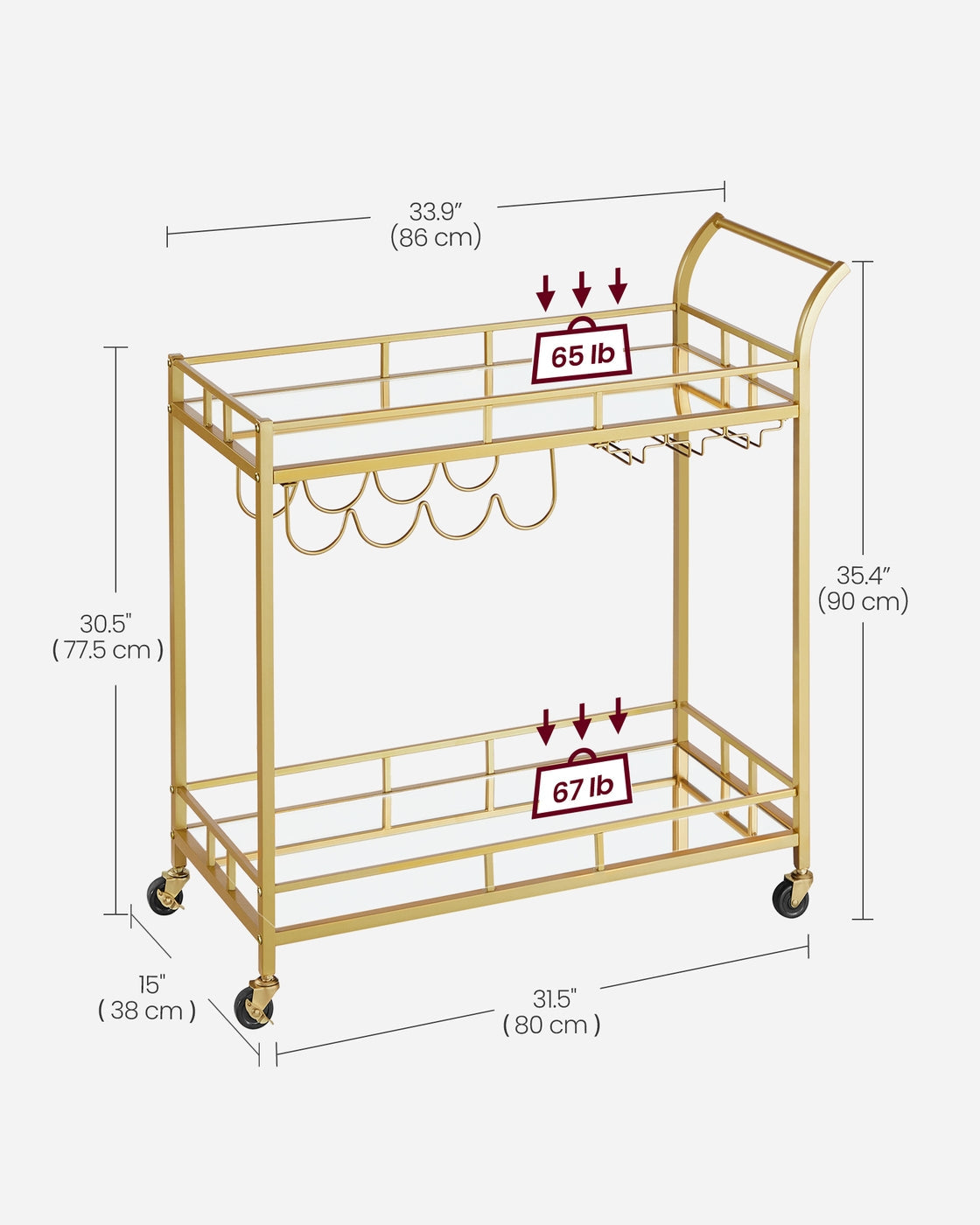 Bar Cart – Metal and Mirrored Glass – Gold – With Wine and Glass Holders