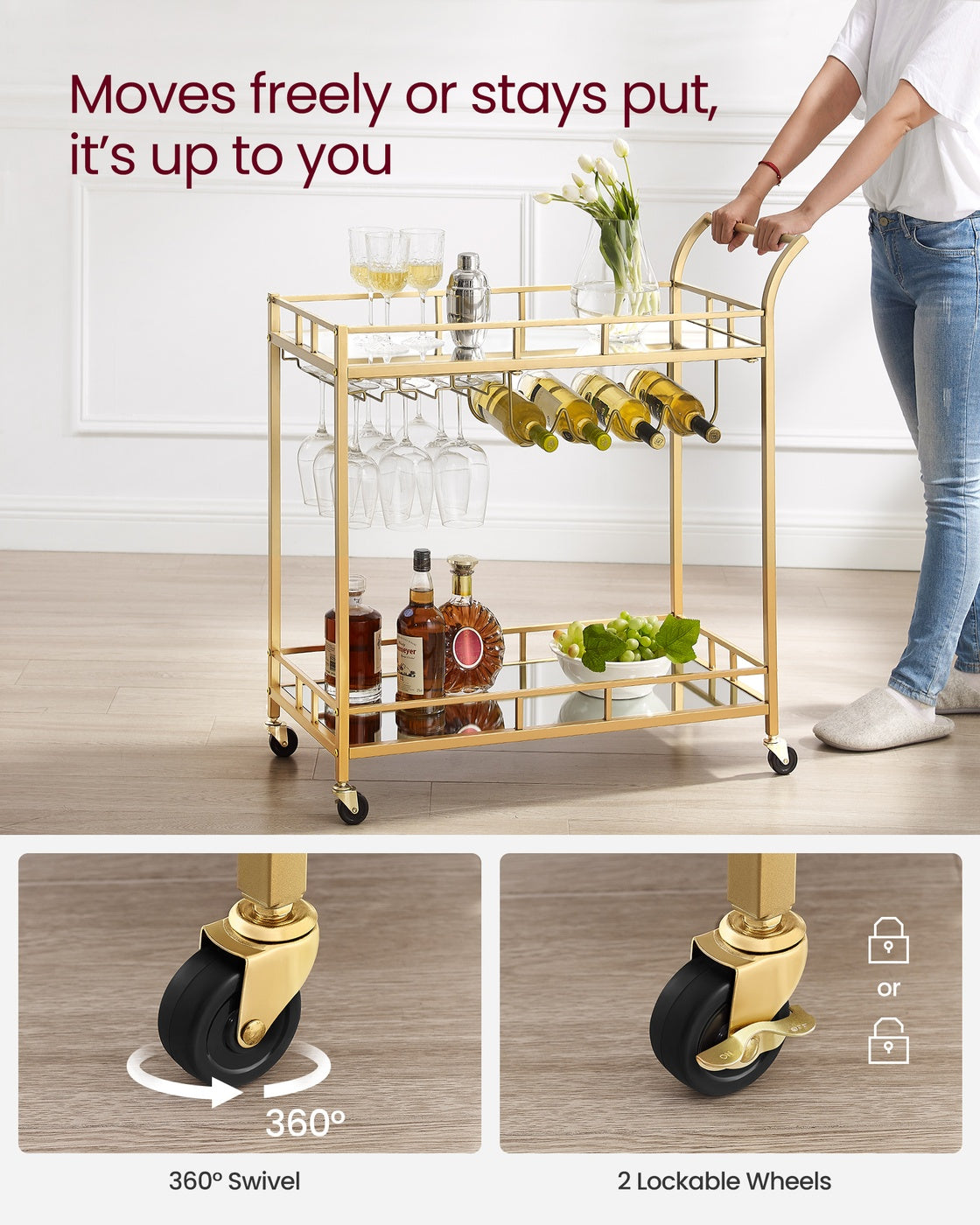 Bar Cart – Metal and Mirrored Glass – Gold – With Wine and Glass Holders