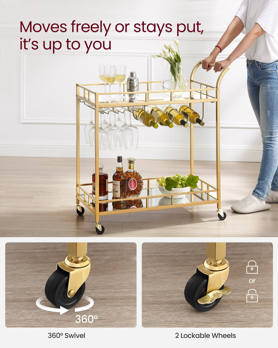 Bar Cart – Metal and Mirrored Glass – Gold – With Wine and Glass Holders