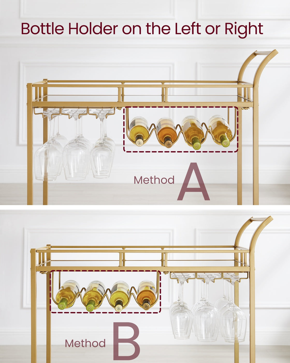Bar Cart – Metal and Mirrored Glass – Gold – With Wine and Glass Holders