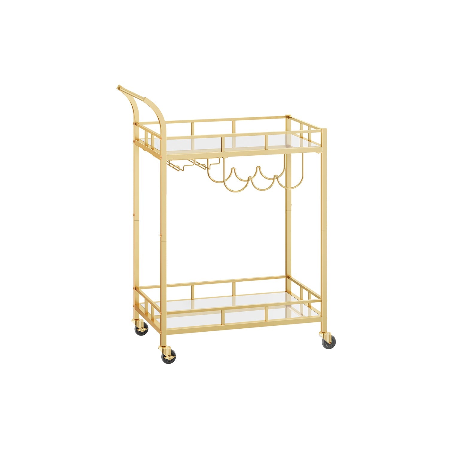 Drinks Trolley – Metallic – Gold – 2 Mirrored Shelves, Wine and Glass Holders