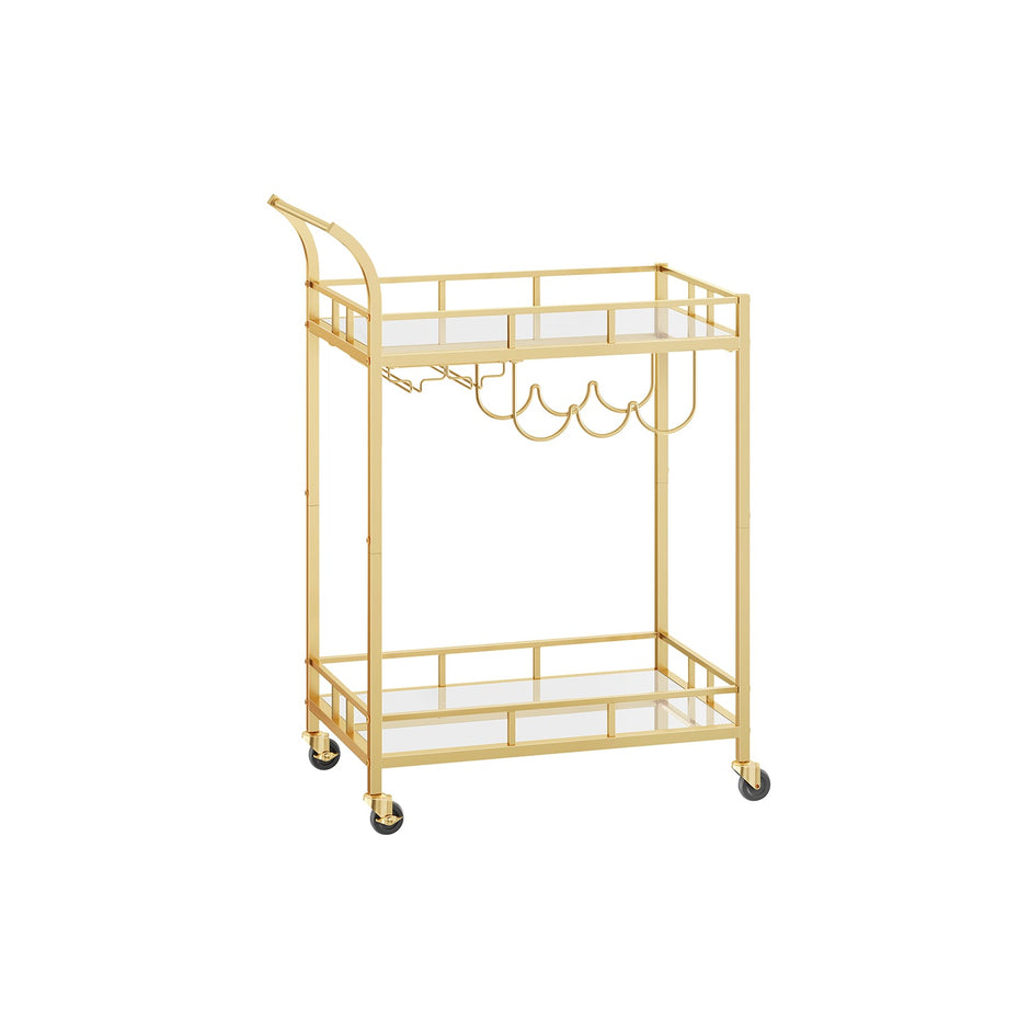 Drinks Trolley – Metallic – Gold – 2 Mirrored Shelves, Wine and Glass Holders