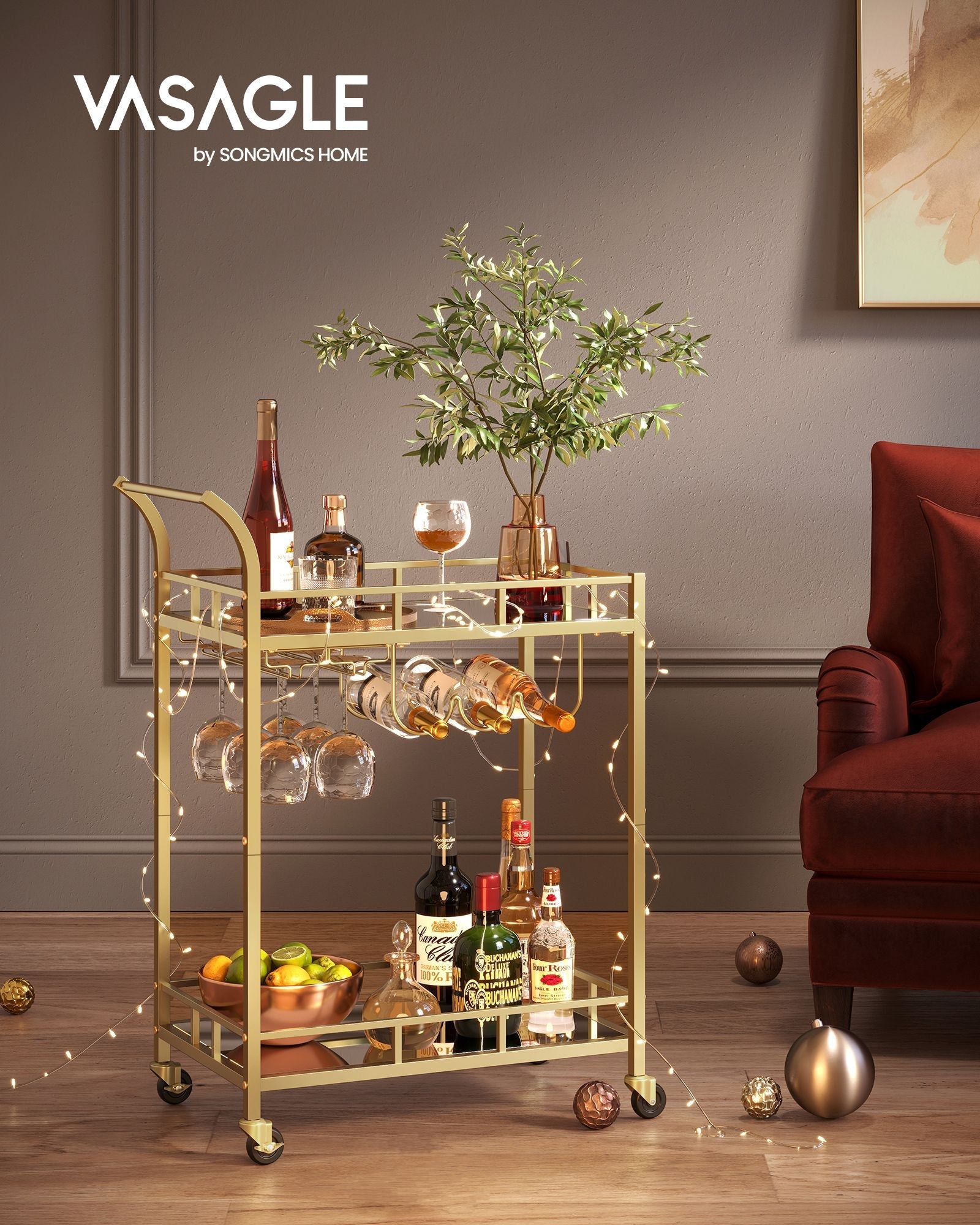 Drinks Trolley – Metallic – Gold – 2 Mirrored Shelves, Wine and Glass Holders