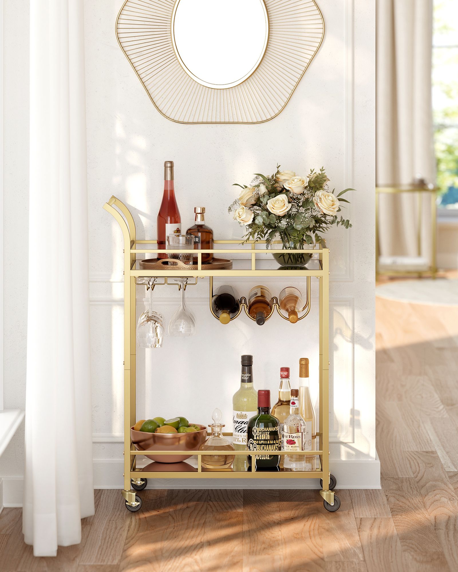 Drinks Trolley – Metallic – Gold – 2 Mirrored Shelves, Wine and Glass Holders