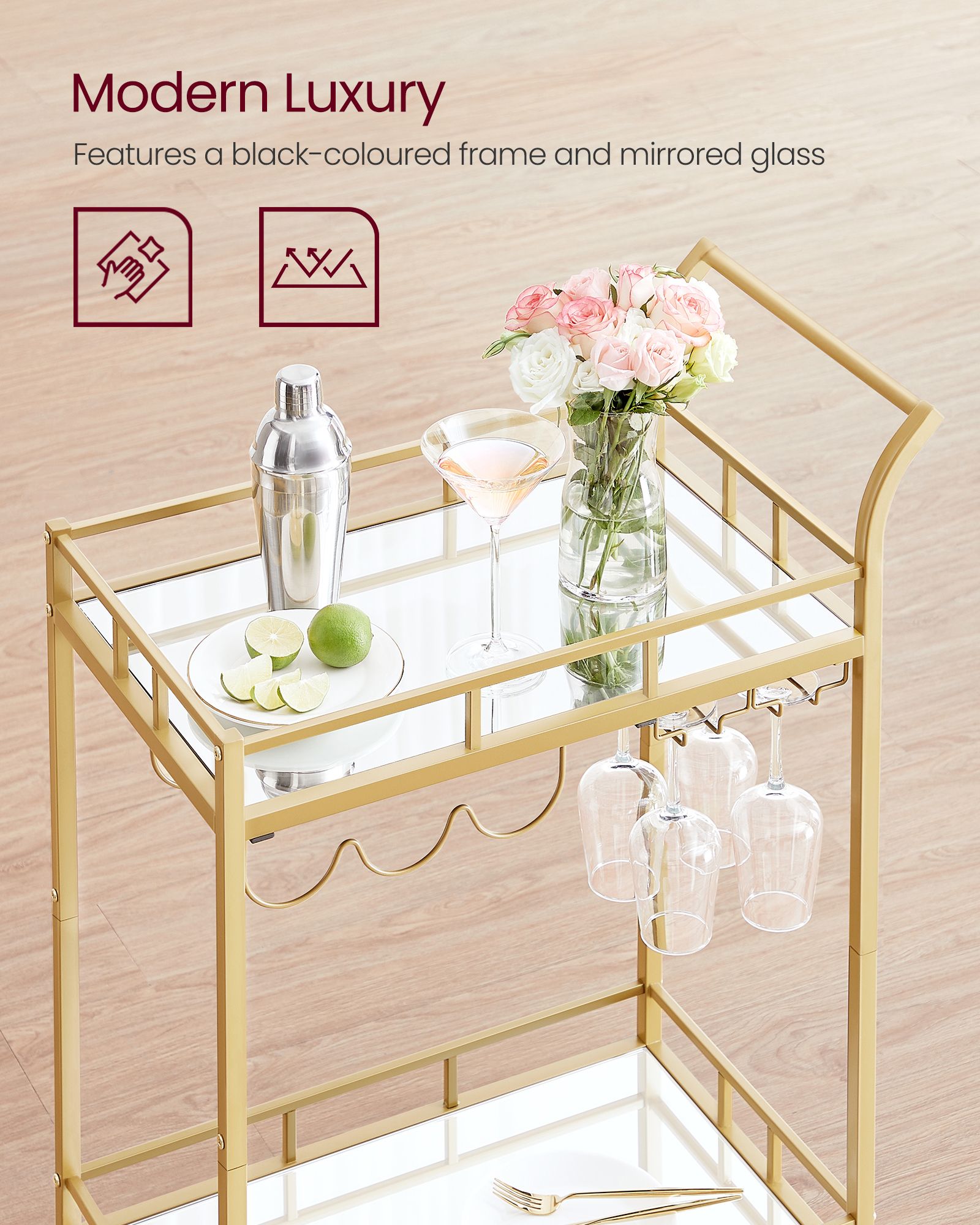 Drinks Trolley – Metallic – Gold – 2 Mirrored Shelves, Wine and Glass Holders