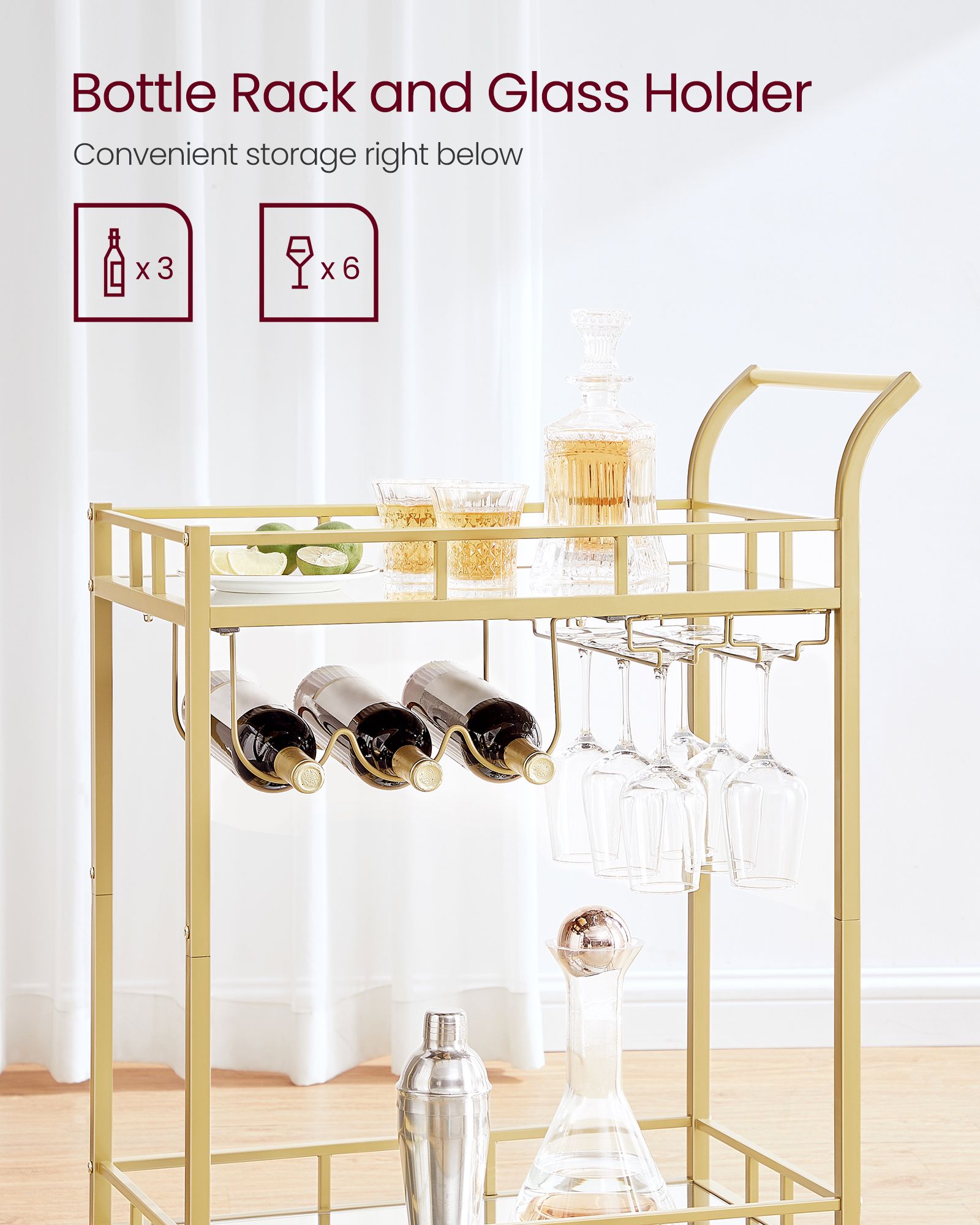 Drinks Trolley – Metallic – Gold – 2 Mirrored Shelves, Wine and Glass Holders