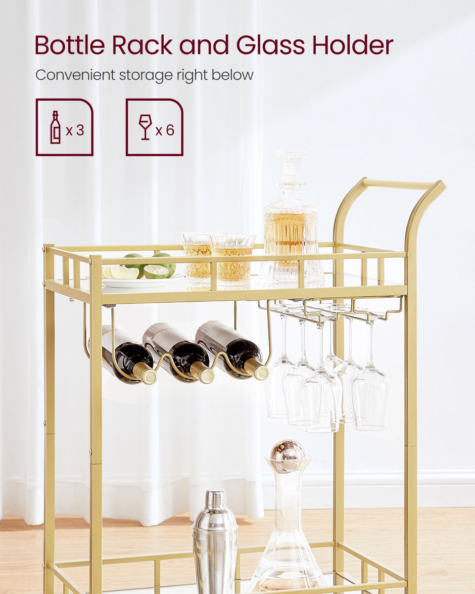 Drinks Trolley – Metallic – Gold – 2 Mirrored Shelves, Wine and Glass Holders