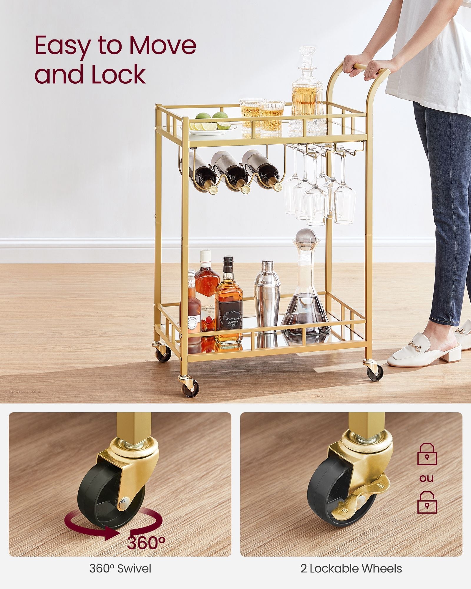 Drinks Trolley – Metallic – Gold – 2 Mirrored Shelves, Wine and Glass Holders