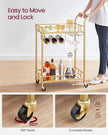 Drinks Trolley – Metallic – Gold – 2 Mirrored Shelves, Wine and Glass Holders