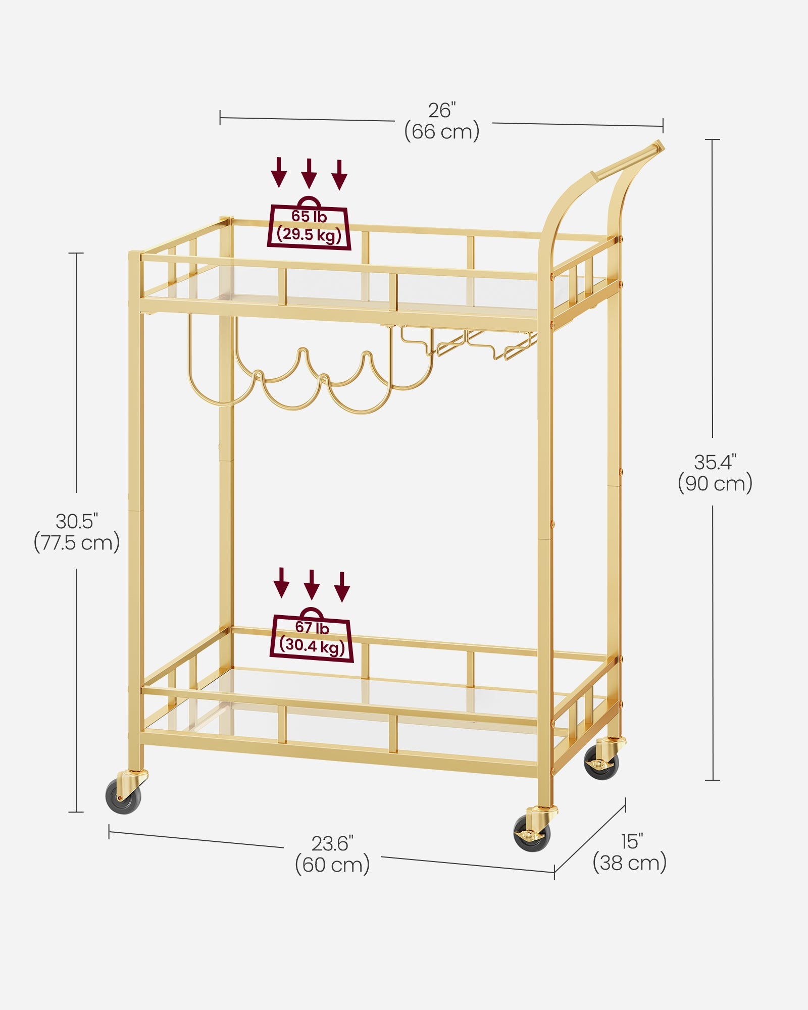 Drinks Trolley – Metallic – Gold – 2 Mirrored Shelves, Wine and Glass Holders