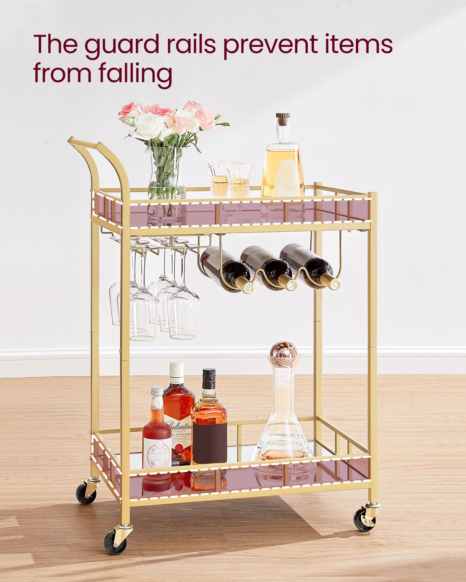 Drinks Trolley – Metallic – Gold – 2 Mirrored Shelves, Wine and Glass Holders