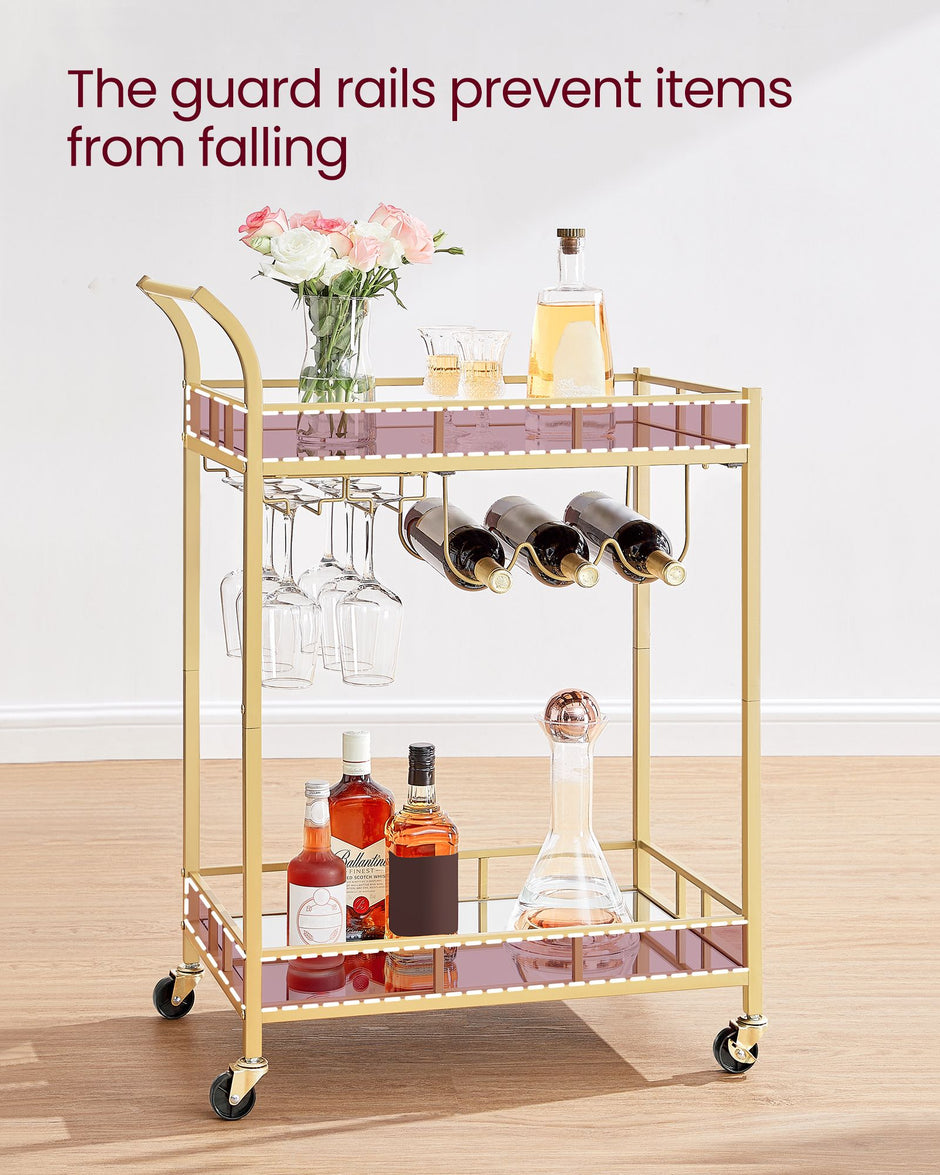 Drinks Trolley – Metallic – Gold – 2 Mirrored Shelves, Wine and Glass Holders
