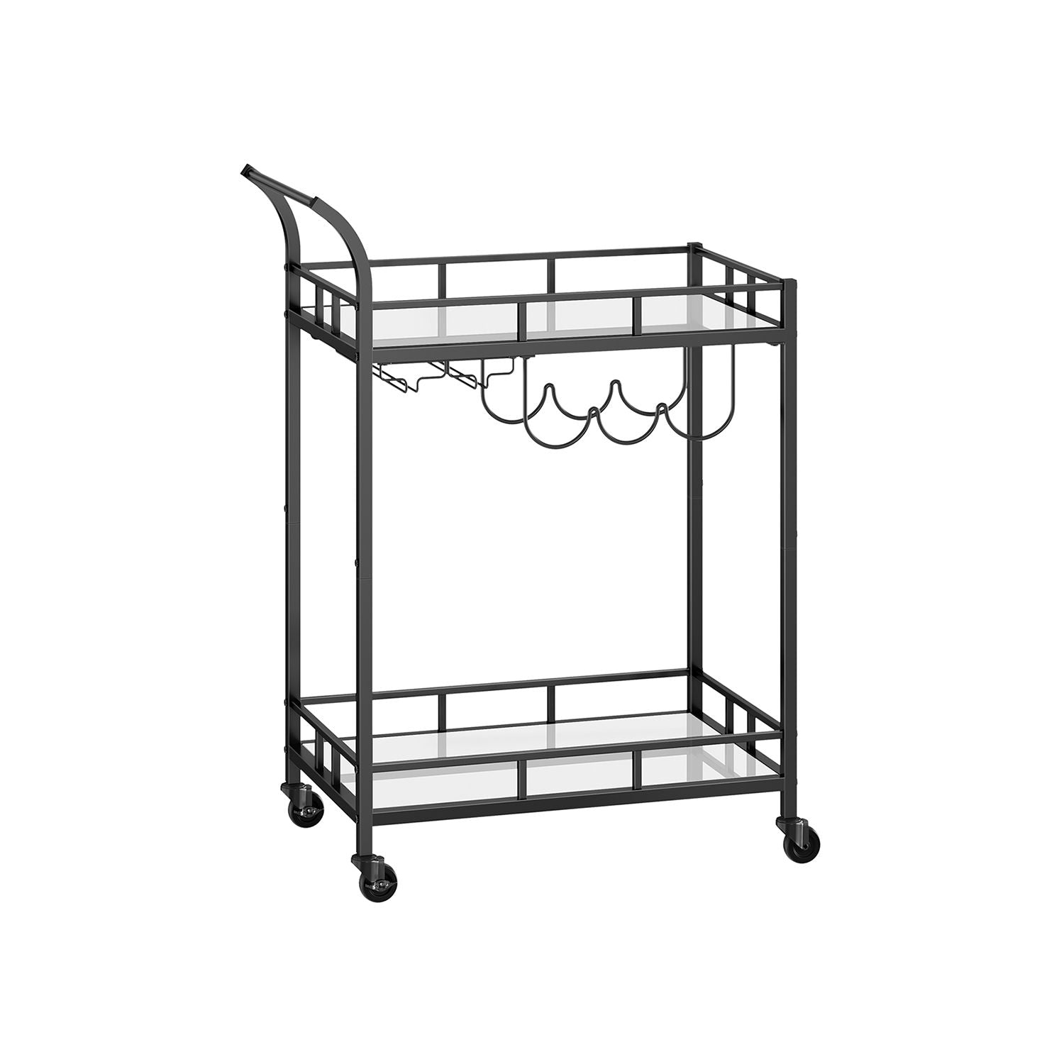 Drinks Trolley – Metal and Glass – Ink Black – 2 Mirrored Shelves with Wine and Glass Holders