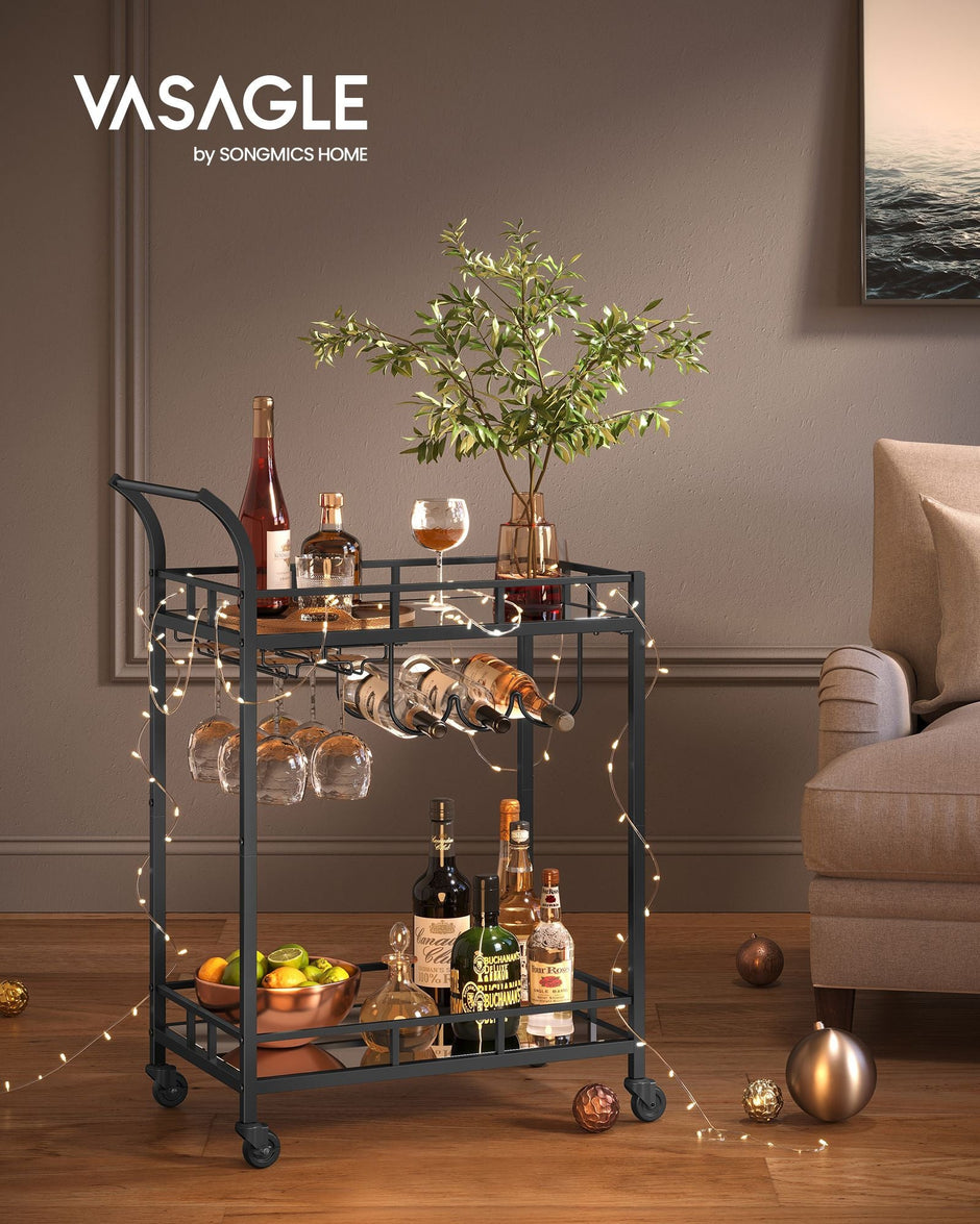 Drinks Trolley – Metal and Glass – Ink Black – 2 Mirrored Shelves with Wine and Glass Holders