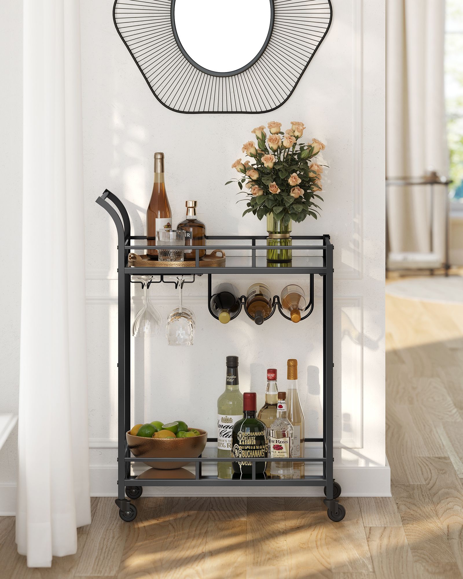 Drinks Trolley – Metal and Glass – Ink Black – 2 Mirrored Shelves with Wine and Glass Holders