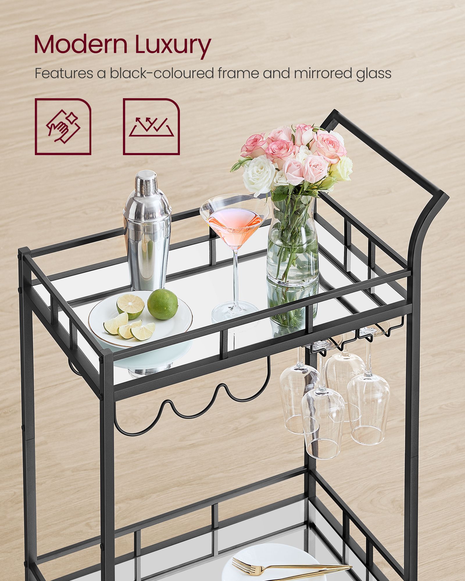 Drinks Trolley – Metal and Glass – Ink Black – 2 Mirrored Shelves with Wine and Glass Holders