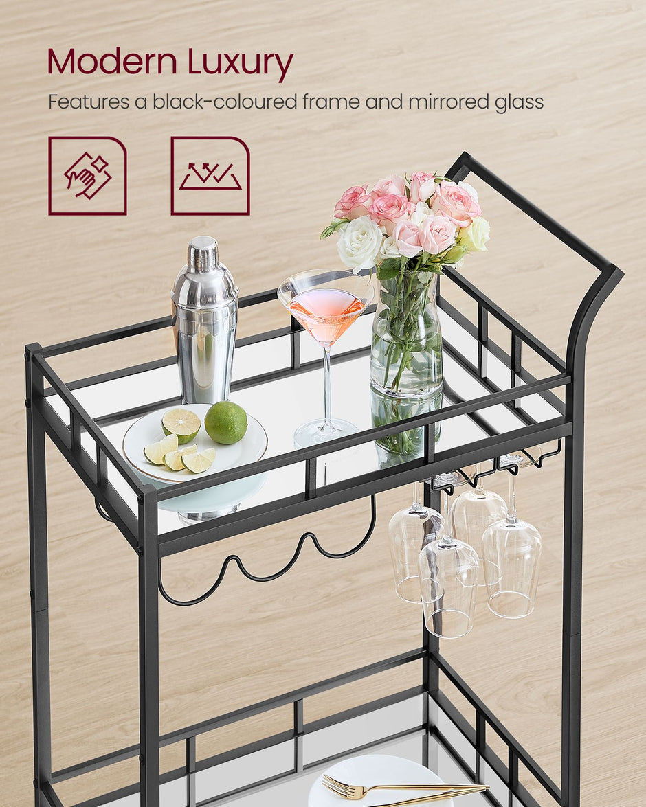 Drinks Trolley – Metal and Glass – Ink Black – 2 Mirrored Shelves with Wine and Glass Holders