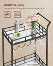 Drinks Trolley – Metal and Glass – Ink Black – 2 Mirrored Shelves with Wine and Glass Holders