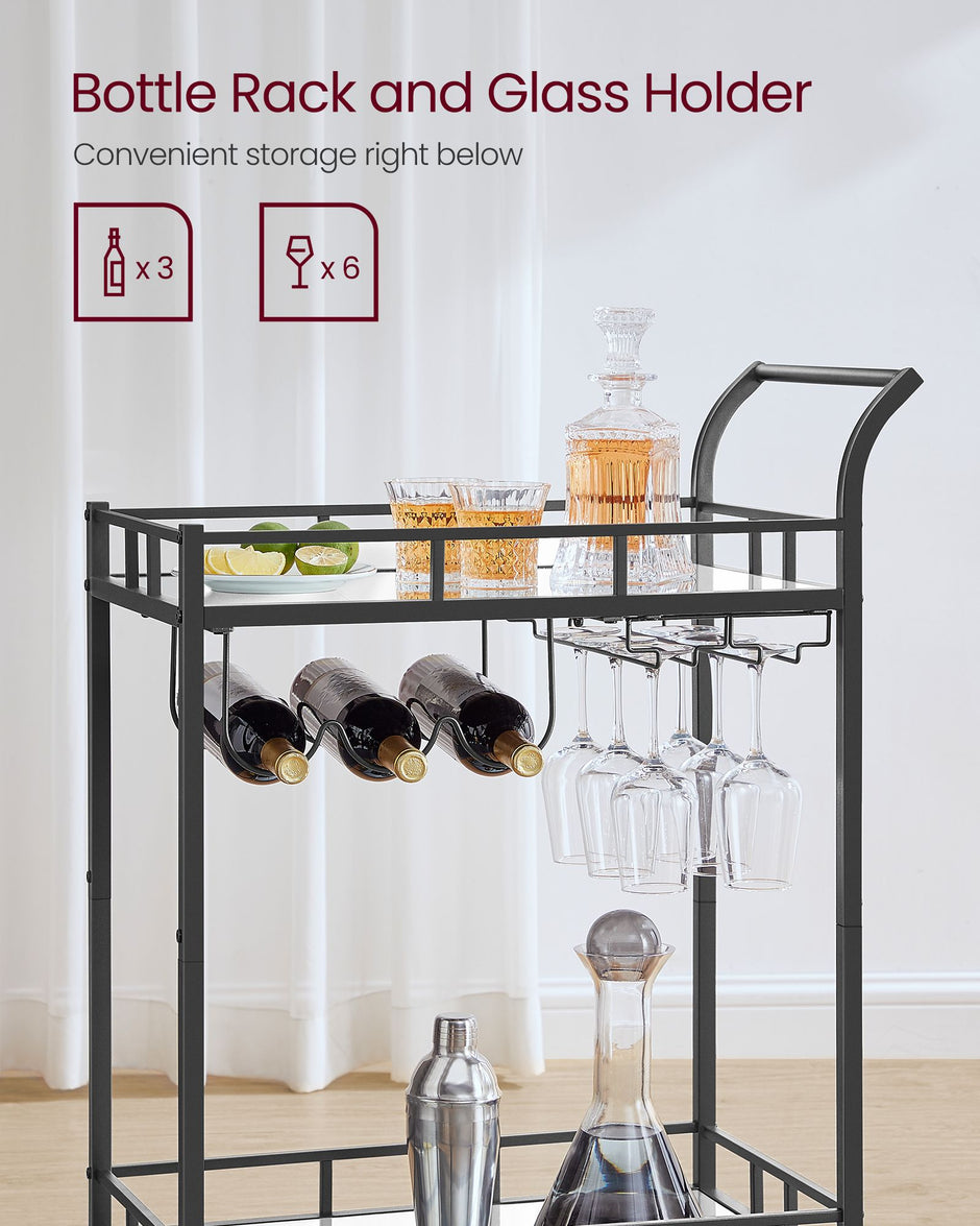 Drinks Trolley – Metal and Glass – Ink Black – 2 Mirrored Shelves with Wine and Glass Holders