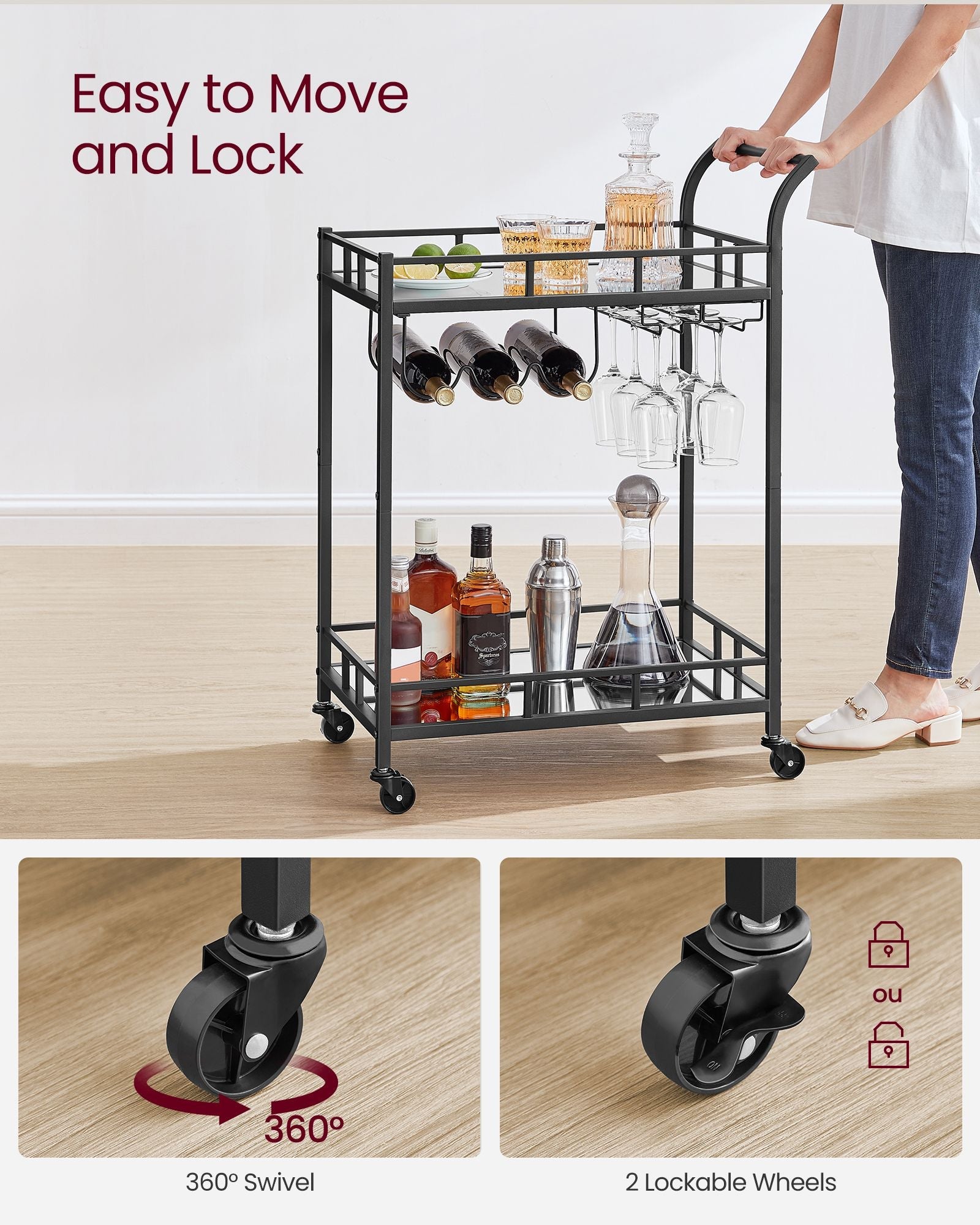 Drinks Trolley – Metal and Glass – Ink Black – 2 Mirrored Shelves with Wine and Glass Holders