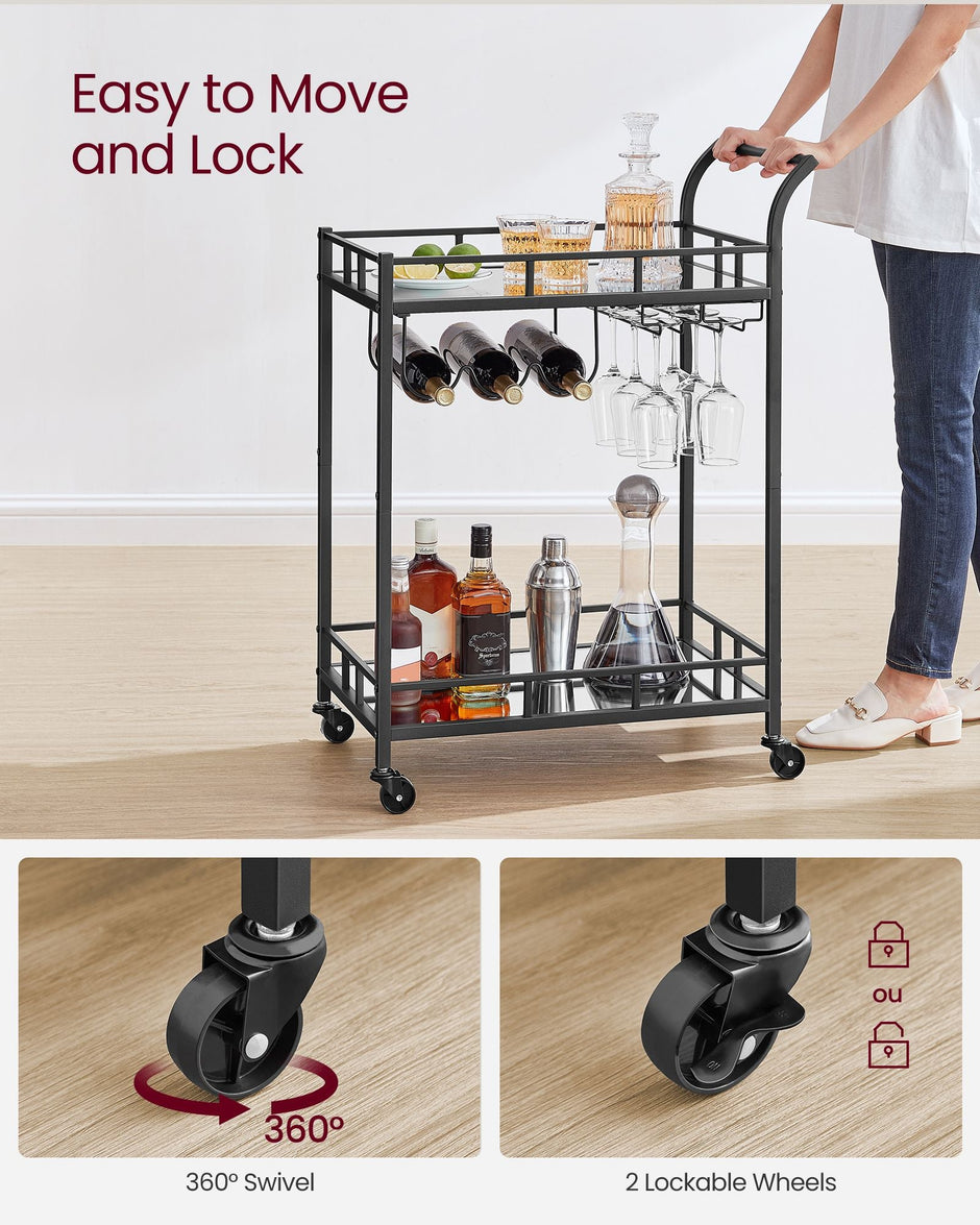 Drinks Trolley – Metal and Glass – Ink Black – 2 Mirrored Shelves with Wine and Glass Holders