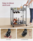 Drinks Trolley – Metal and Glass – Ink Black – 2 Mirrored Shelves with Wine and Glass Holders