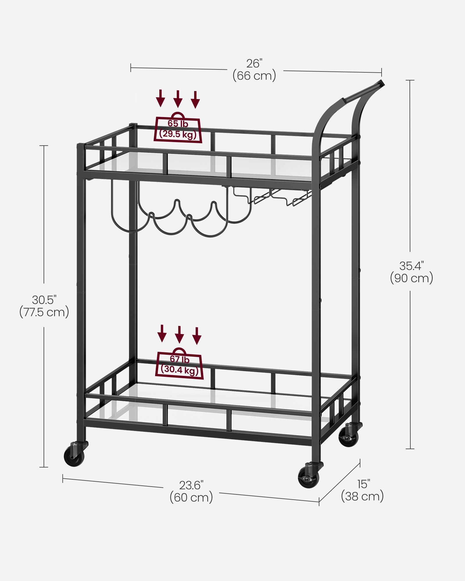 Drinks Trolley – Metal and Glass – Ink Black – 2 Mirrored Shelves with Wine and Glass Holders