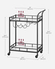 Drinks Trolley – Metal and Glass – Ink Black – 2 Mirrored Shelves with Wine and Glass Holders