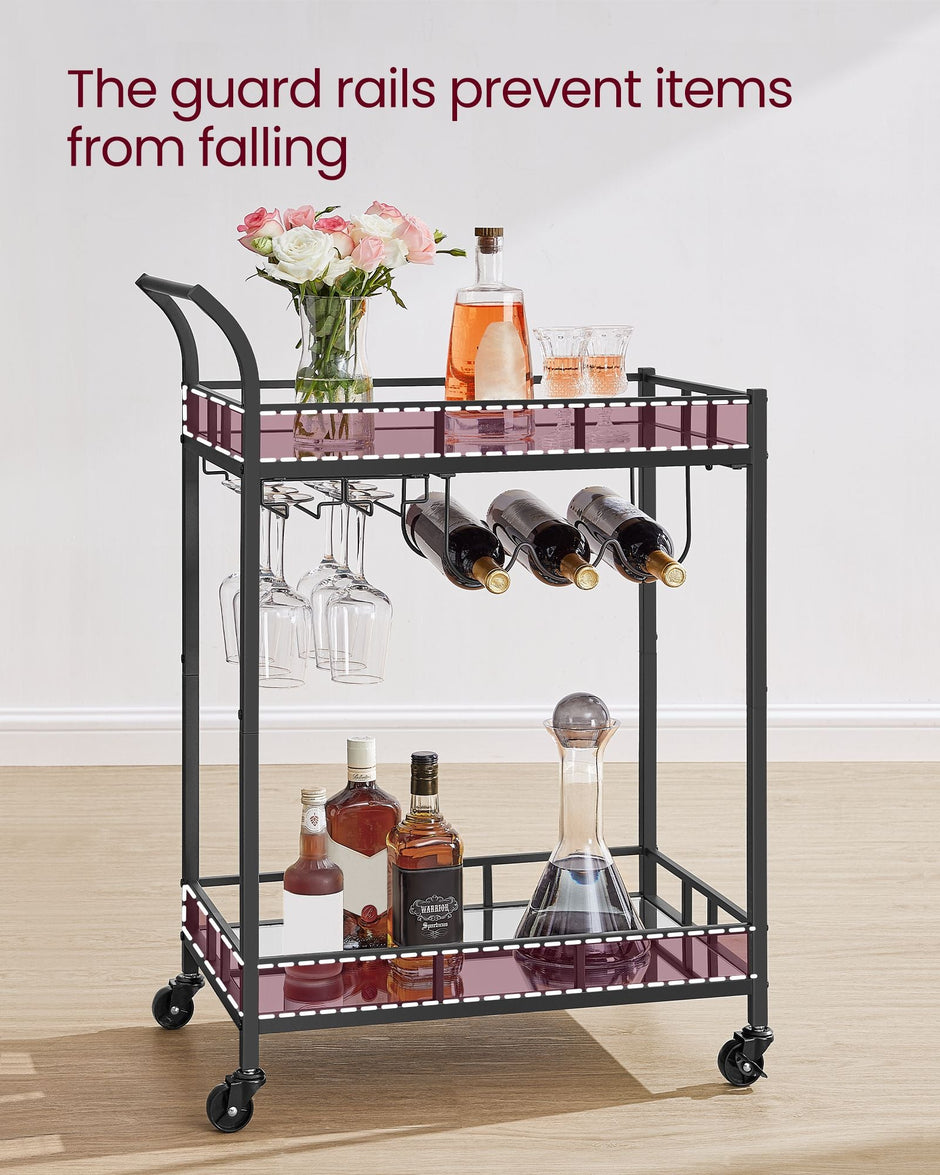 Drinks Trolley – Metal and Glass – Ink Black – 2 Mirrored Shelves with Wine and Glass Holders