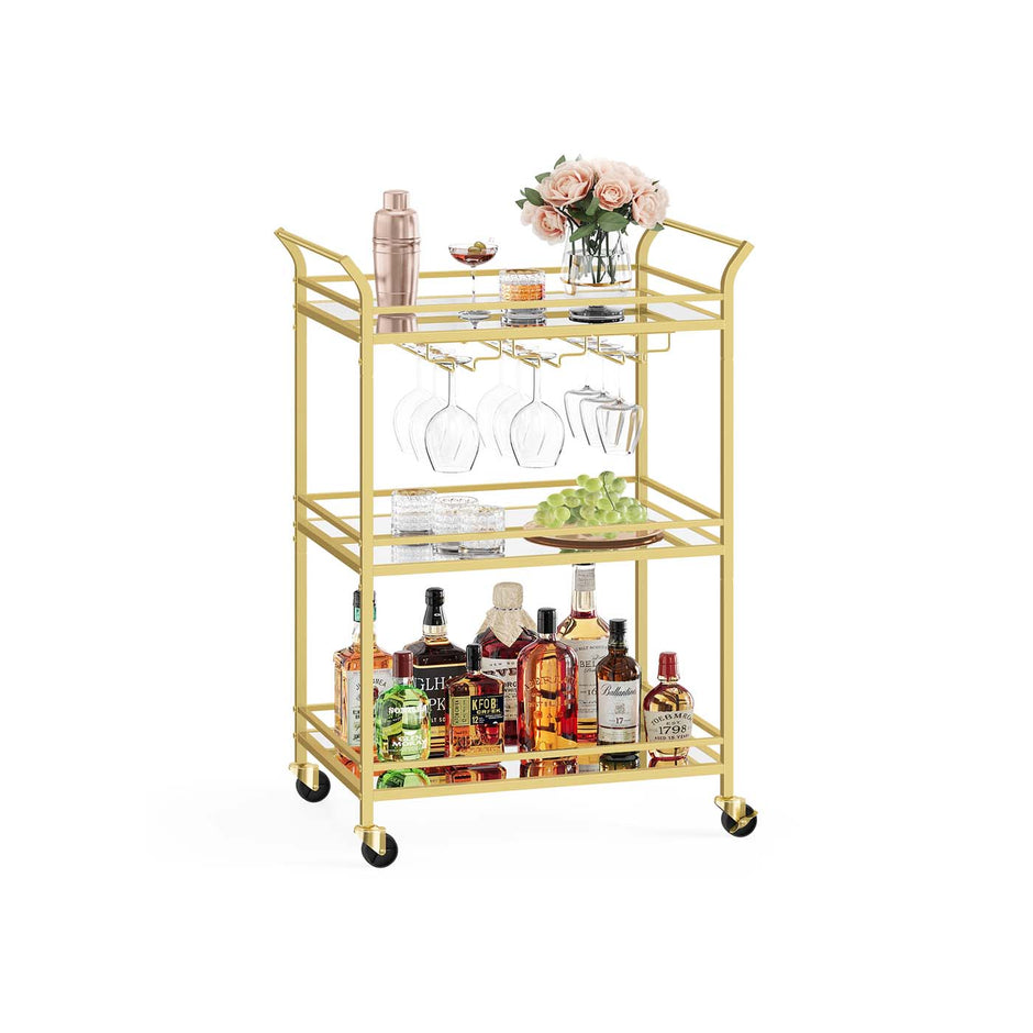 Drinks Trolley – Metal and Mirrored Glass – Gold – 3-Tier with Wheels and Handles