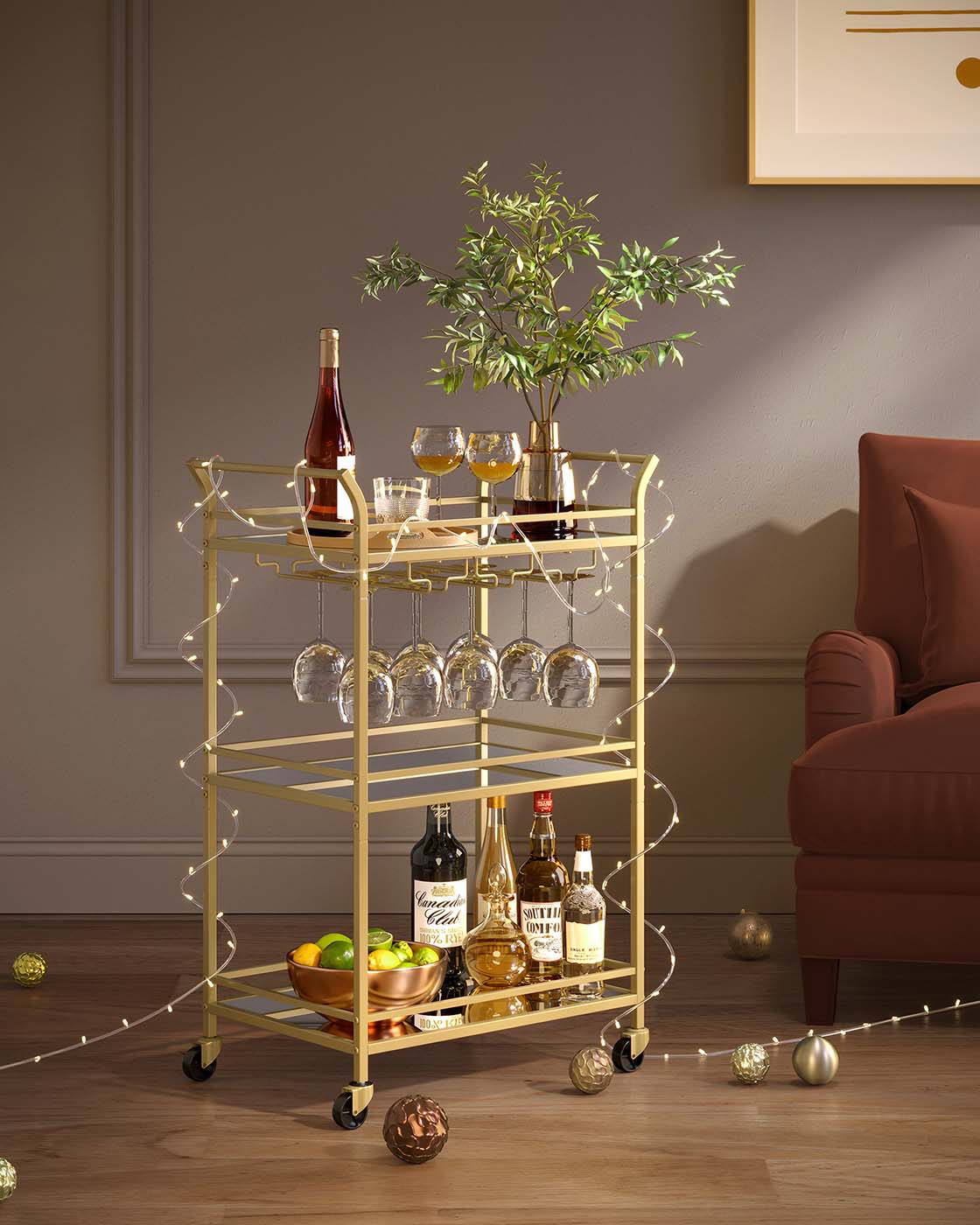Drinks Trolley – Metal and Mirrored Glass – Gold – 3-Tier with Wheels and Handles