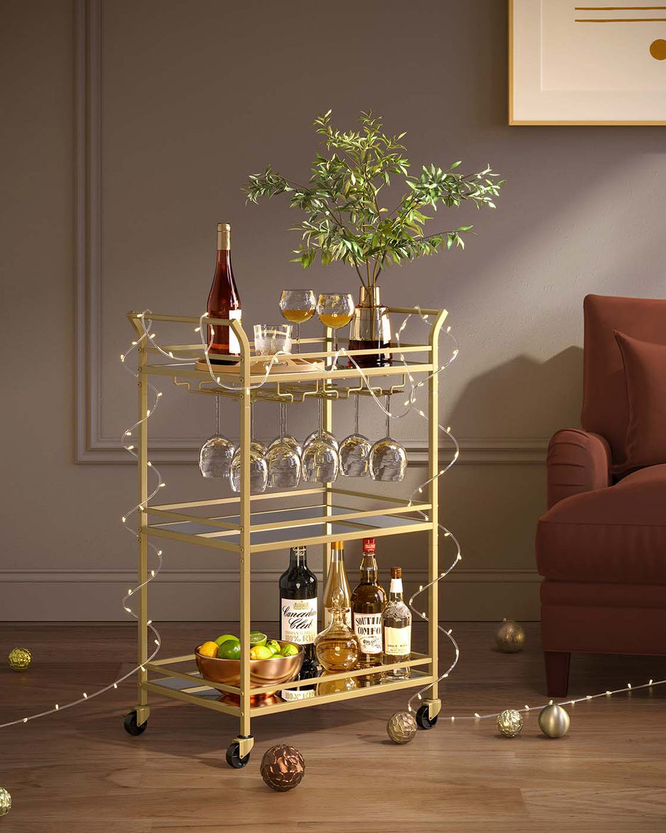 Drinks Trolley – Metal and Mirrored Glass – Gold – 3-Tier with Wheels and Handles