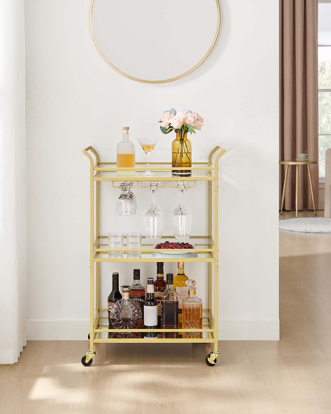 Drinks Trolley – Metal and Mirrored Glass – Gold – 3-Tier with Wheels and Handles