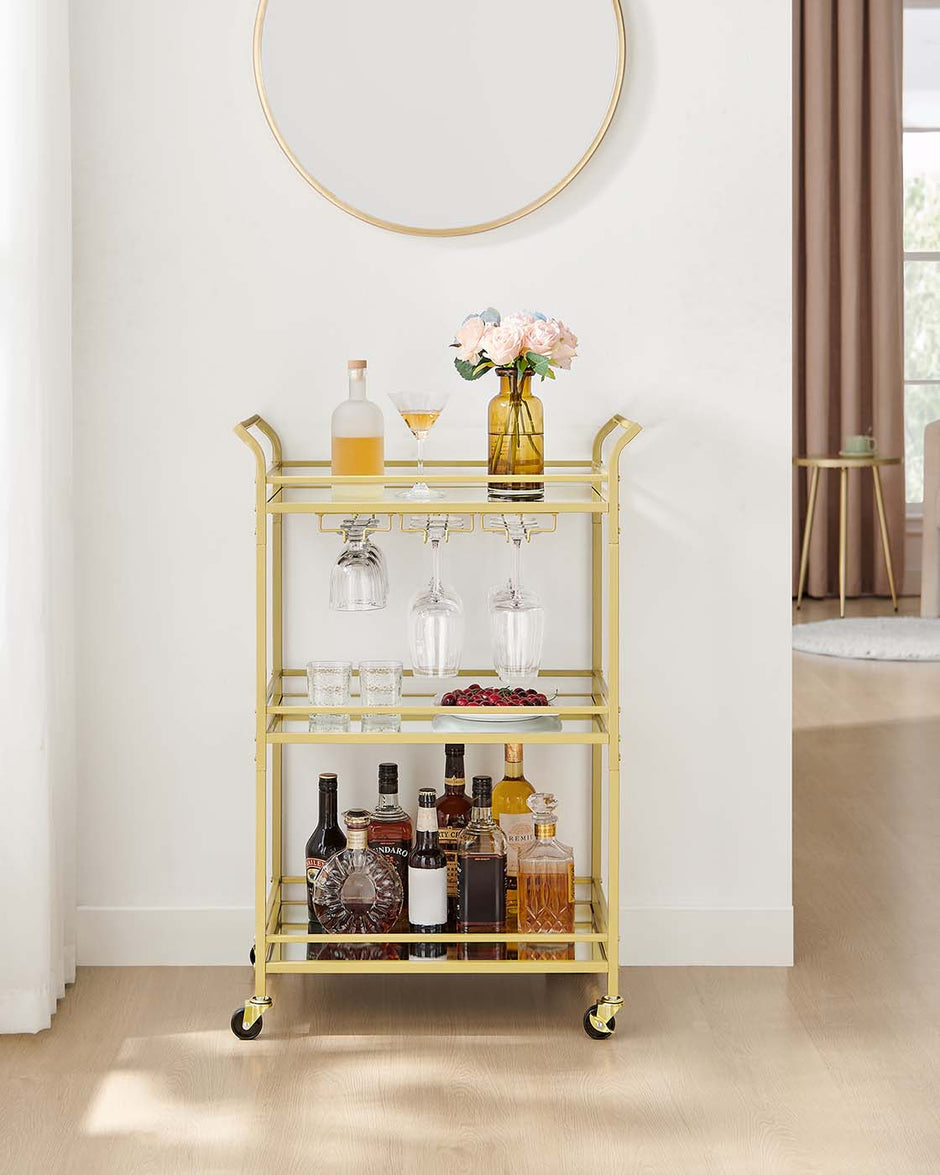 Drinks Trolley – Metal and Mirrored Glass – Gold – 3-Tier with Wheels and Handles