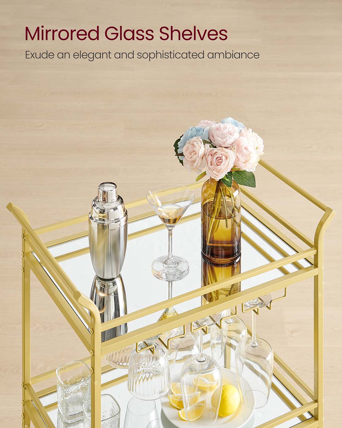 Drinks Trolley – Metal and Mirrored Glass – Gold – 3-Tier with Wheels and Handles