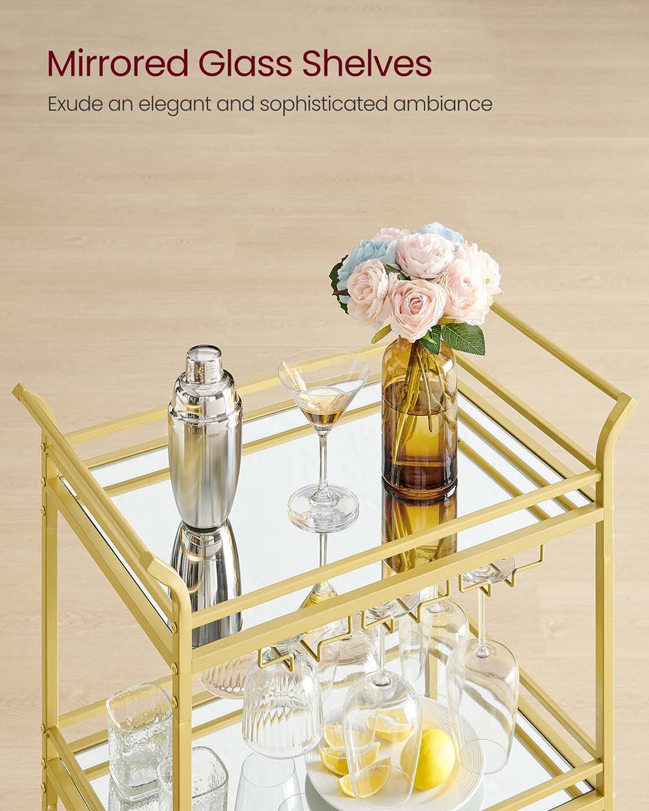 Drinks Trolley – Metal and Mirrored Glass – Gold – 3-Tier with Wheels and Handles