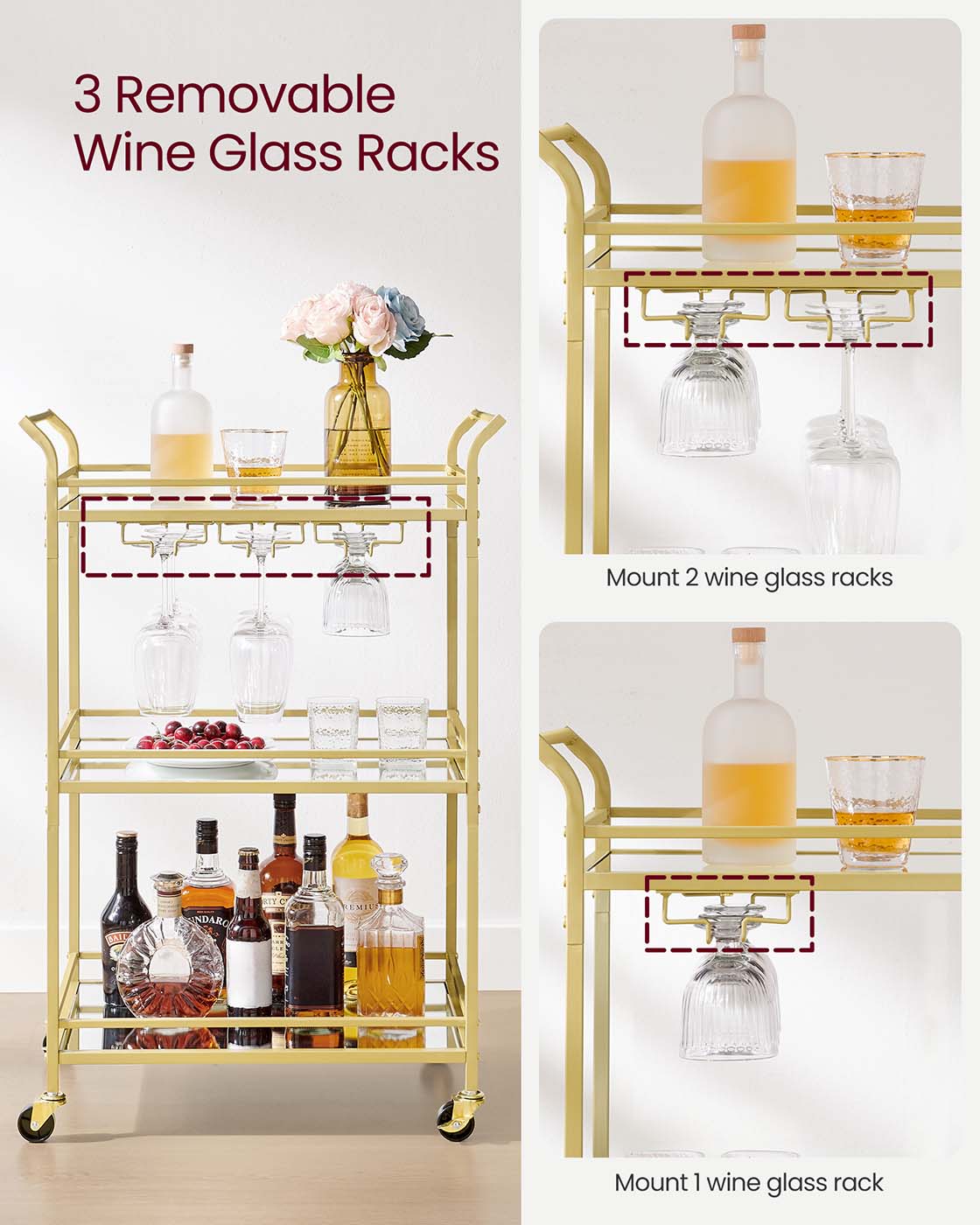 Drinks Trolley – Metal and Mirrored Glass – Gold – 3-Tier with Wheels and Handles