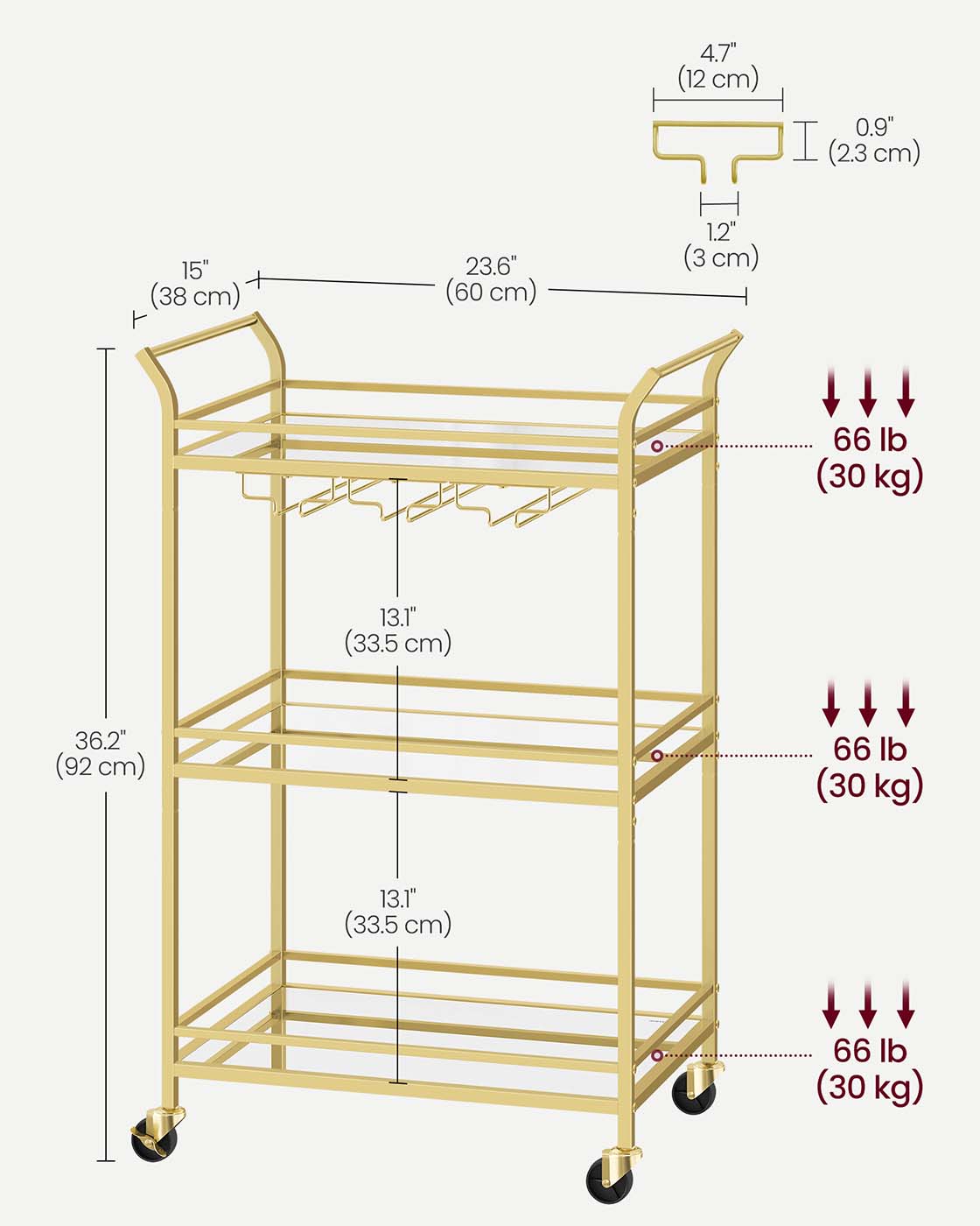 Drinks Trolley – Metal and Mirrored Glass – Gold – 3-Tier with Wheels and Handles