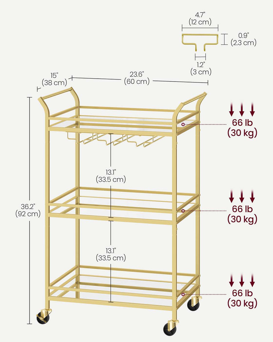 Drinks Trolley – Metal and Mirrored Glass – Gold – 3-Tier with Wheels and Handles