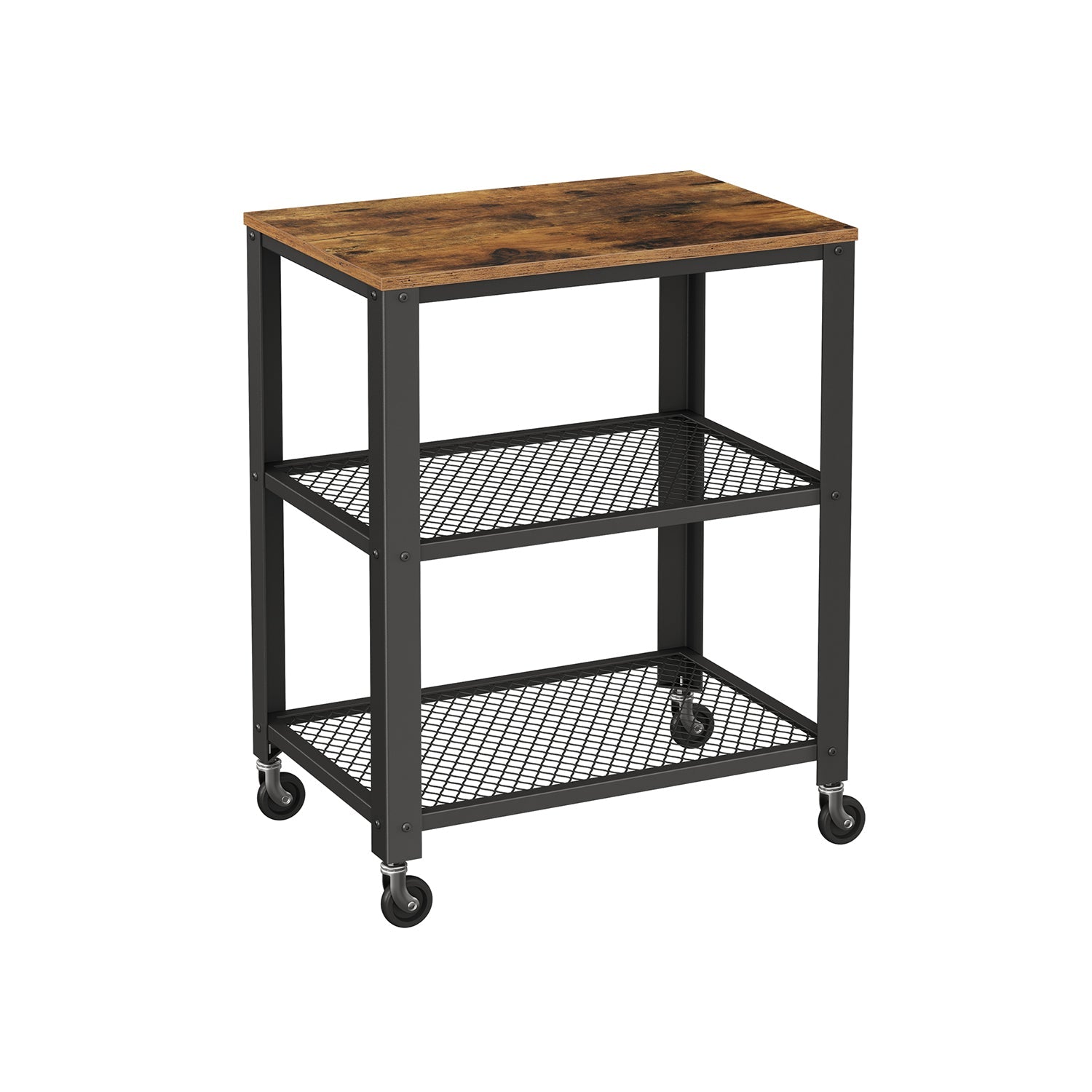 3-Tier Serving Trolley – Metal and Wood – Rustic Brown – Industrial Rolling Design