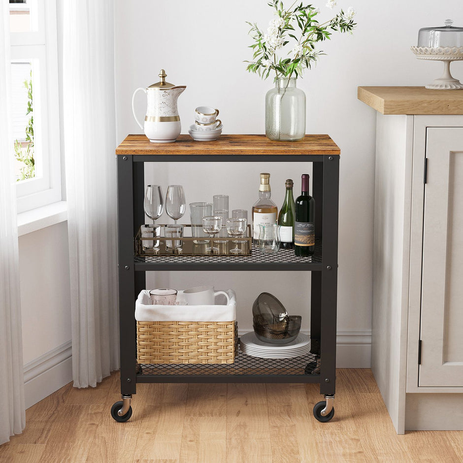 3-Tier Serving Trolley – Metal and Wood – Rustic Brown – Industrial Rolling Design