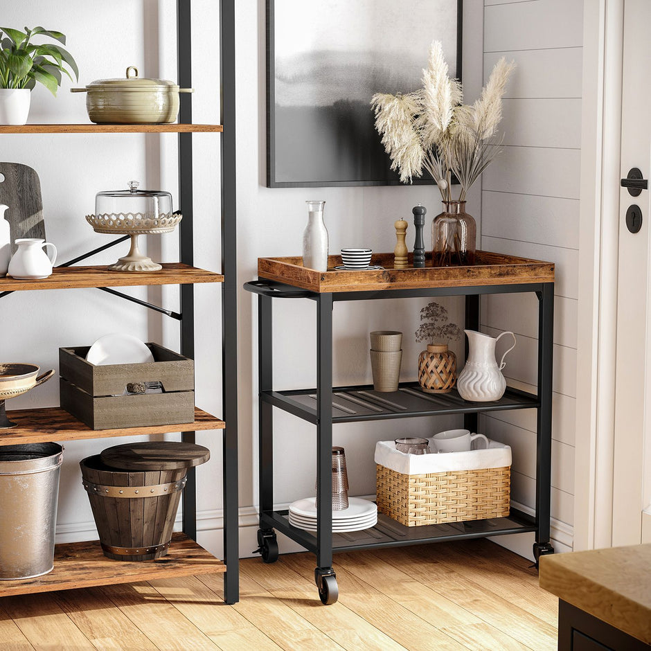 3-Tier Serving Trolley – Metal and Wood – Rustic Brown – Industrial Rolling Design