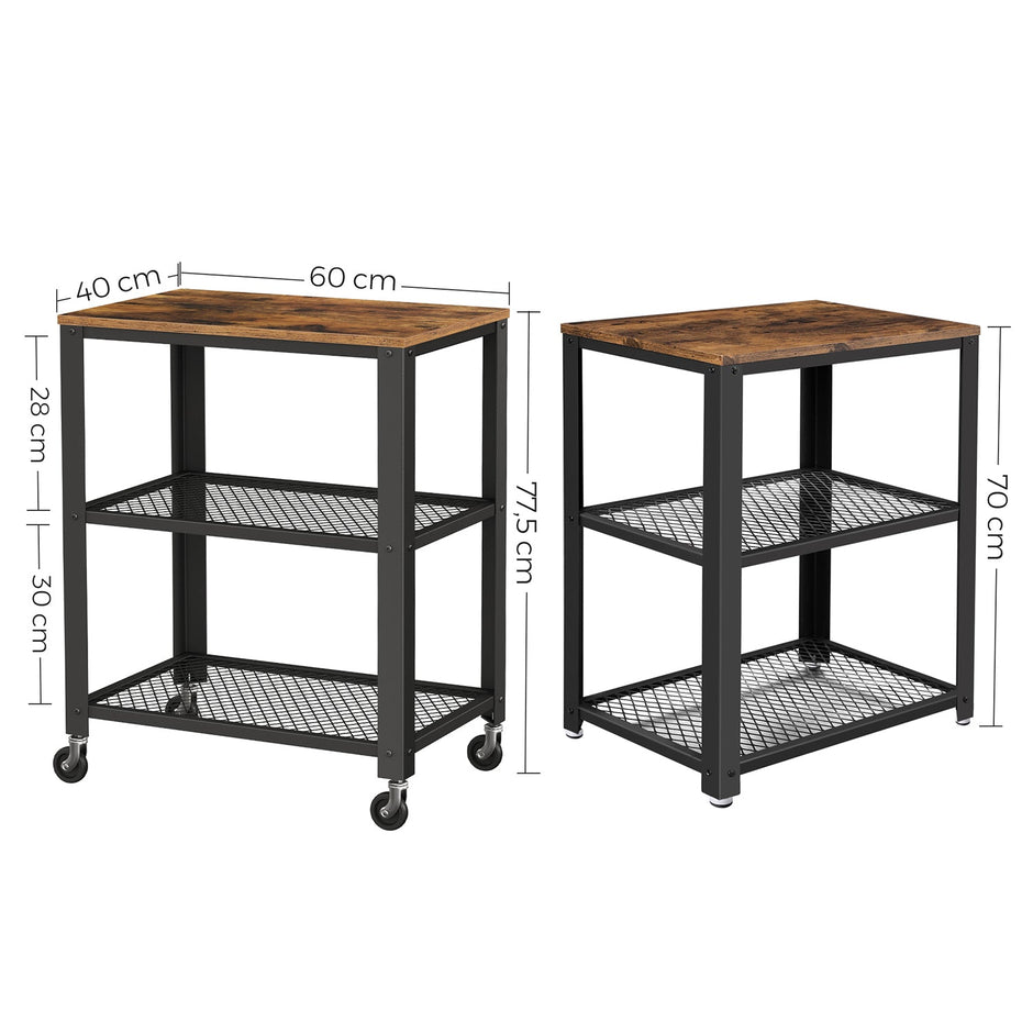 3-Tier Serving Trolley – Metal and Wood – Rustic Brown – Industrial Rolling Design