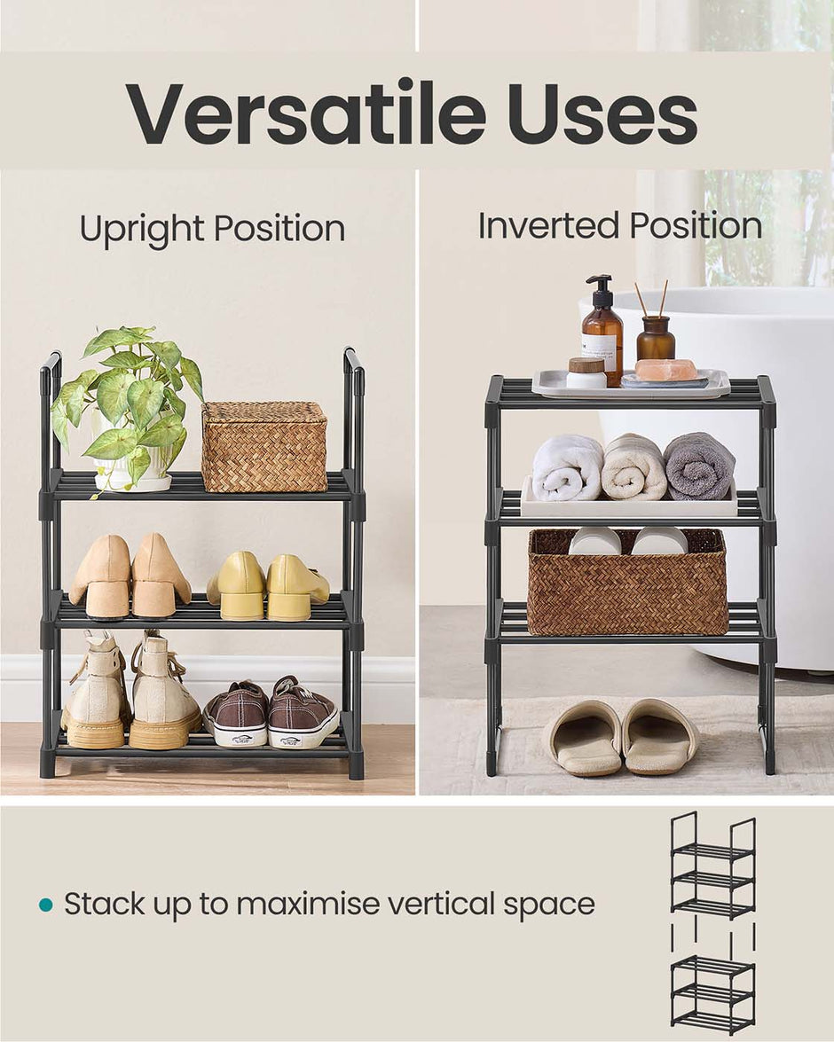 3-Tier Shoe Rack – Metal – Grey – Stackable Storage for 12 to 15 Pairs of Shoes